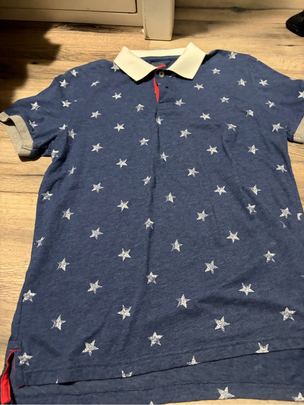 American Eagle Outfitters Navy Star Print Polo with White Collar- slim fit L
